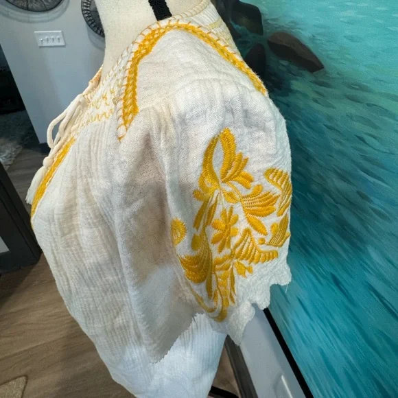 White and Yellow Tie Front Embellished Blouse - Picture 4 of 8